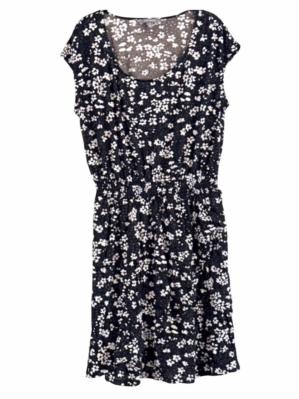Daisy Fuentes Black White Floral Midi Dress Cap Sleeve M